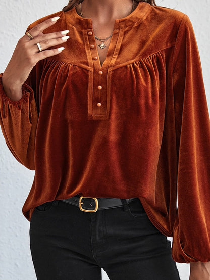 Gold Velvet Pile Neck Pleated Long Sleeve T-Shirt