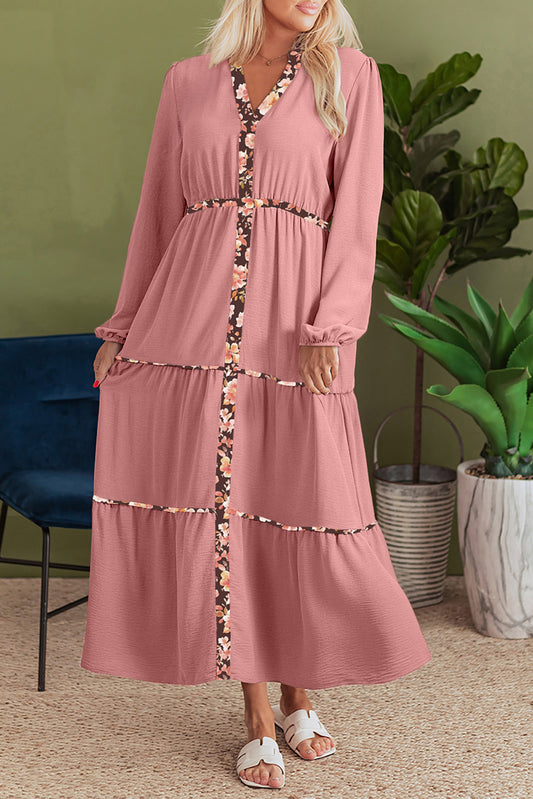 Peach Blossom Floral Patchwork Detail Notched Neck Long Sleeve Maxi Dress