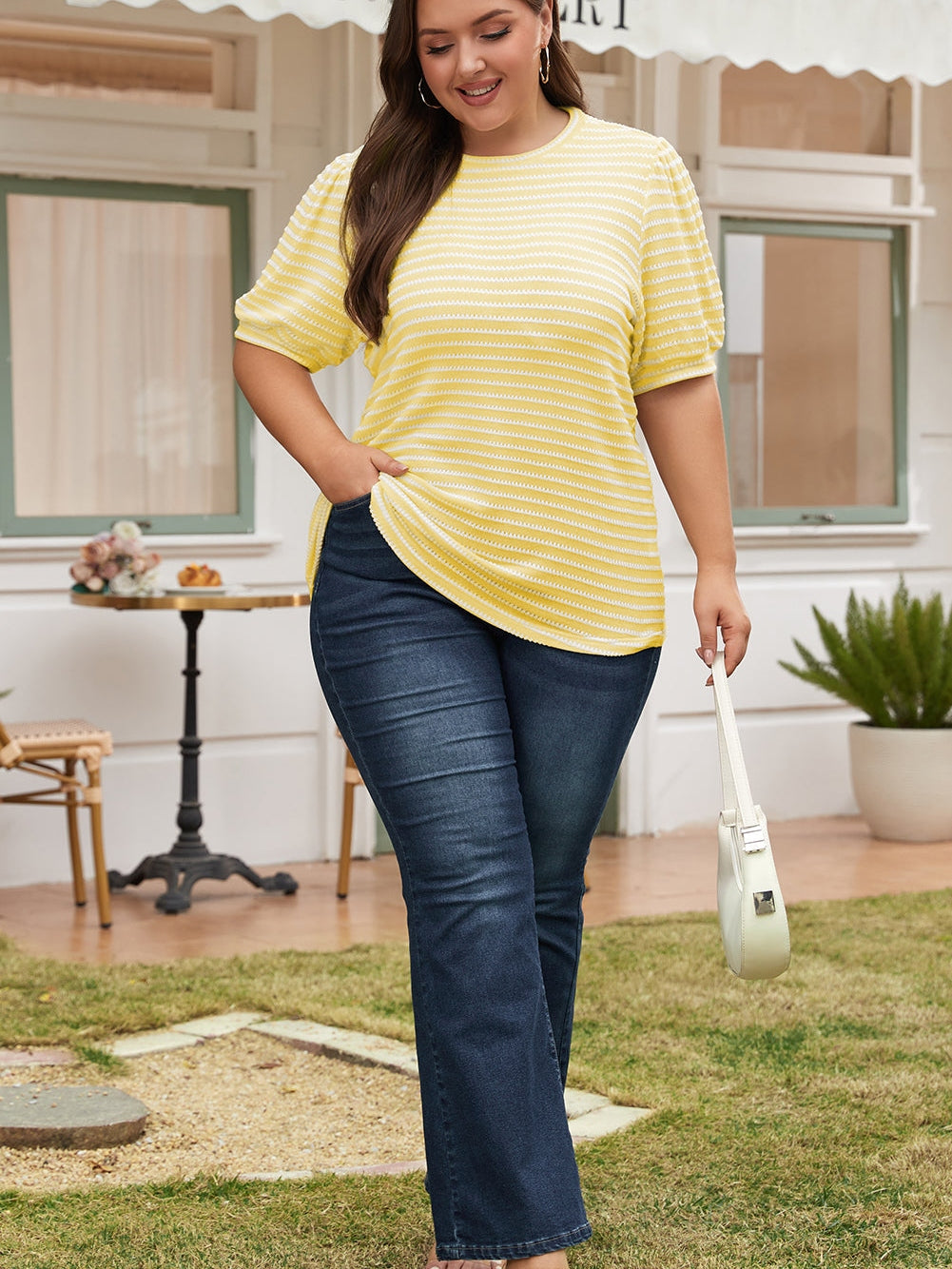 Yellow Stripe Short Puff Sleeve Plus Size Jumper