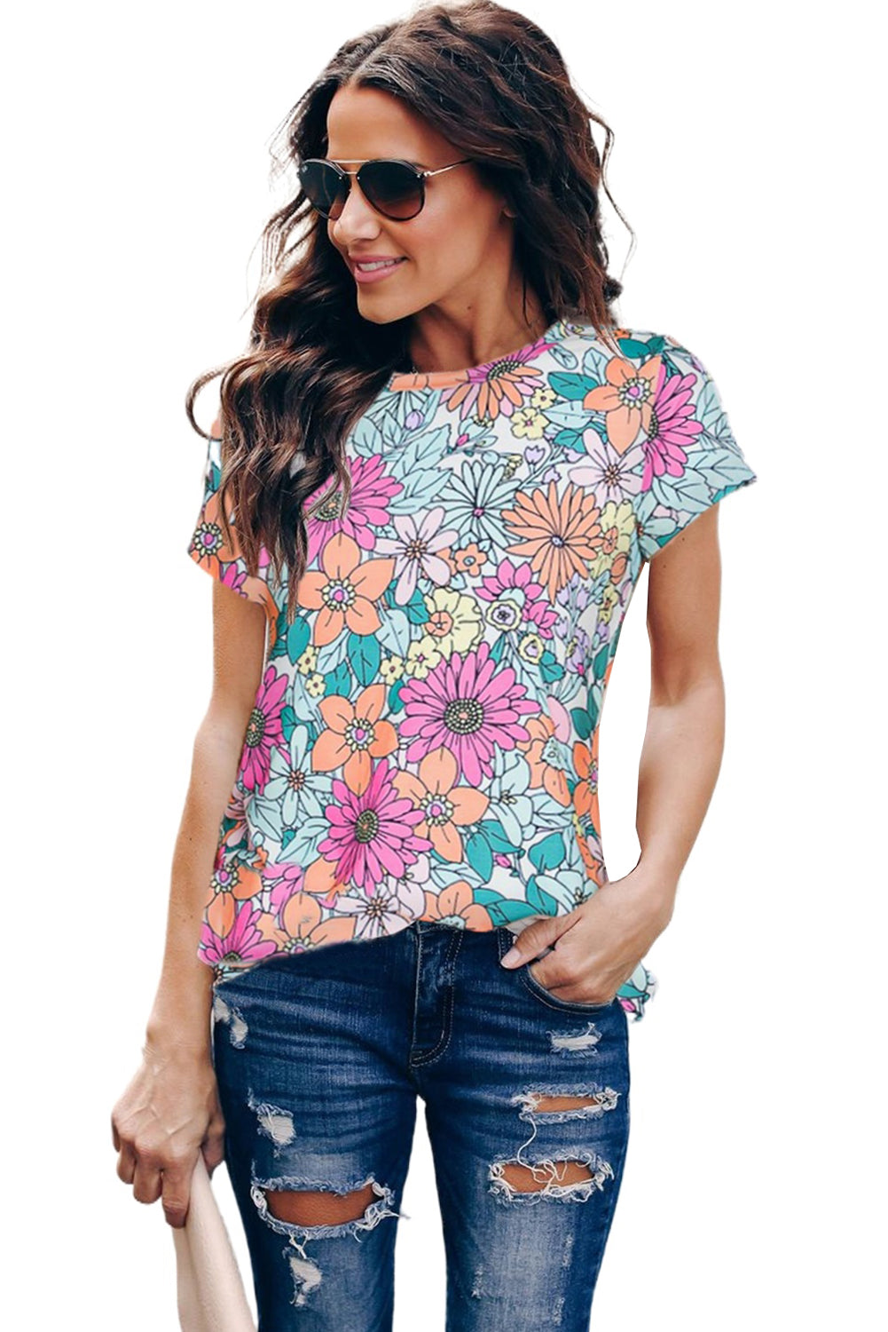 Multicolor Floral Print Asymmetric Hem Short Sleeve Top