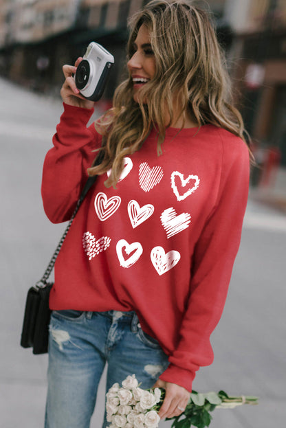 Fiery Red Hearts Print Crewneck Long Sleeve Sweatshirt