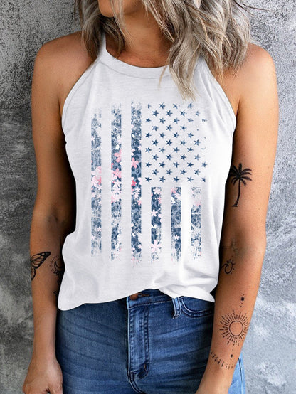 American Flag Floral Print Halter Tank Top