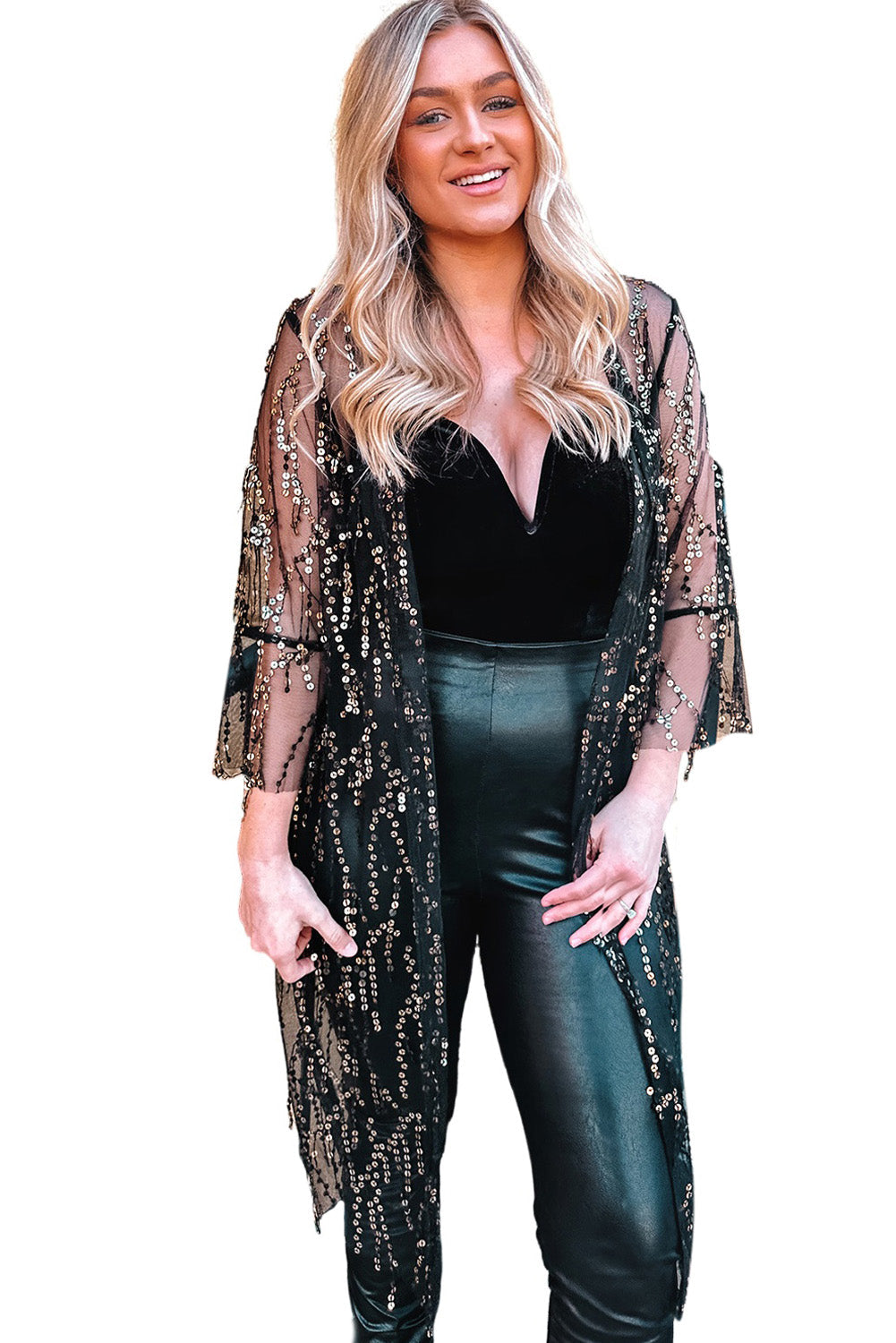 Black Sequin Sheer Long Sleeve Open Front Kimono