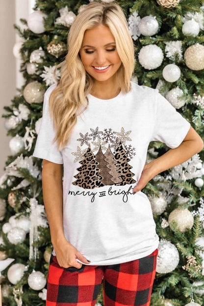 White Leopard Christmas Tree Graphic Crew Neck T Shirt