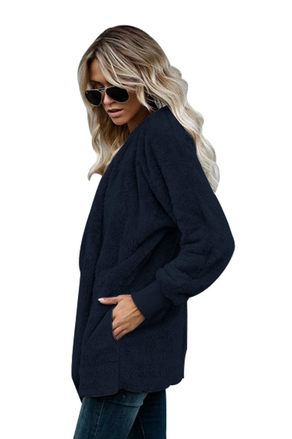 Blue Soft Fleece Hooded Open Front Coat