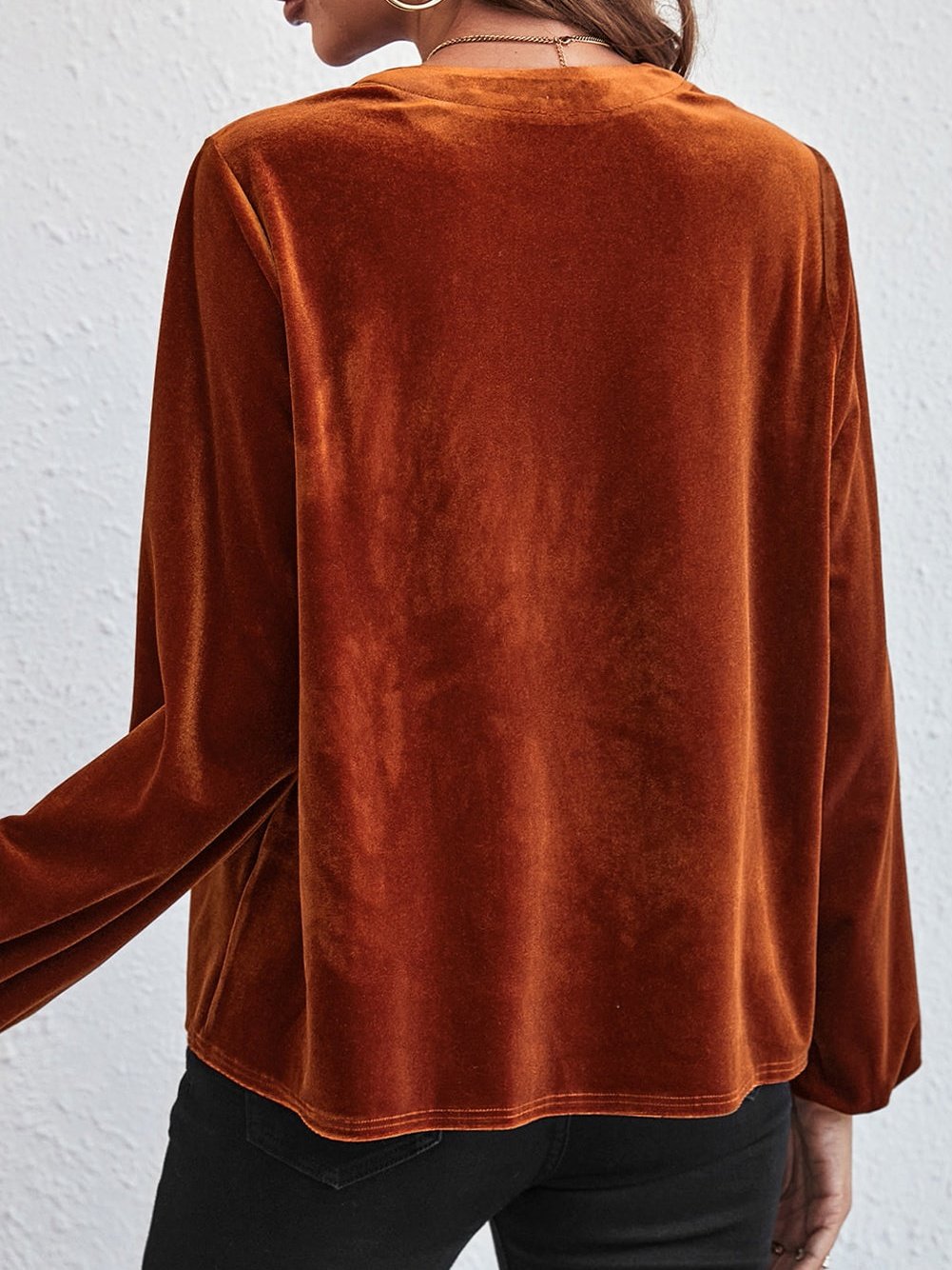 Gold Velvet Pile Neck Pleated Long Sleeve T-Shirt