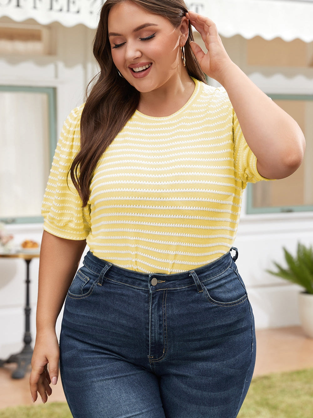 Yellow Stripe Short Puff Sleeve Plus Size Jumper