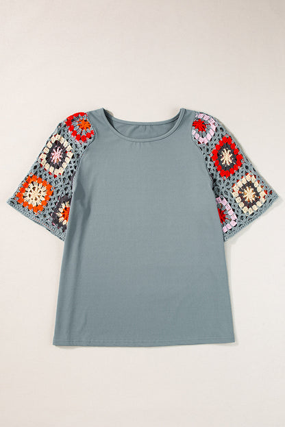 Medium Grey Floral Crochet Short Sleeve Top