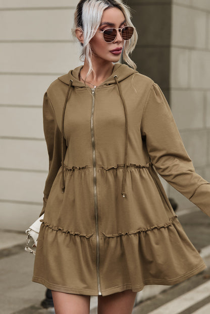 Khaki Tiered Ruffled Zip-Up Drawstring Hooded Jacket