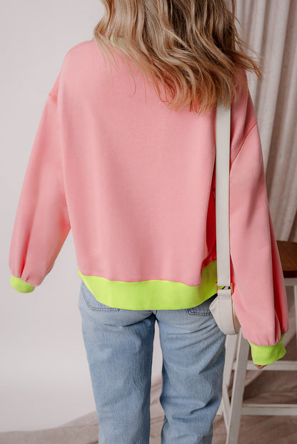 Pink Colorblock Bubble Sleeve Sweatshirt