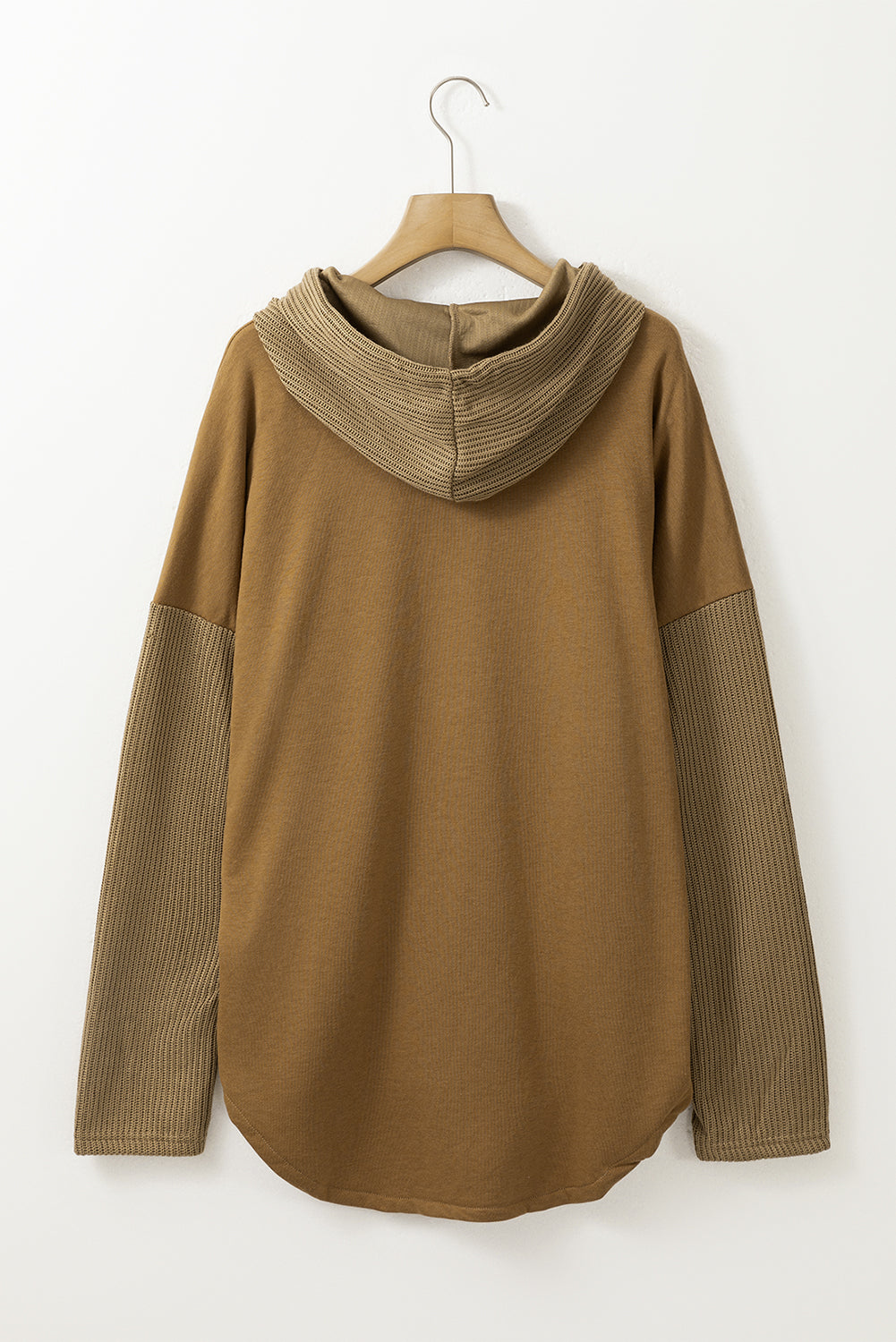 Brown Button Up Contrast Knitted Sleeves Hooded Jacket