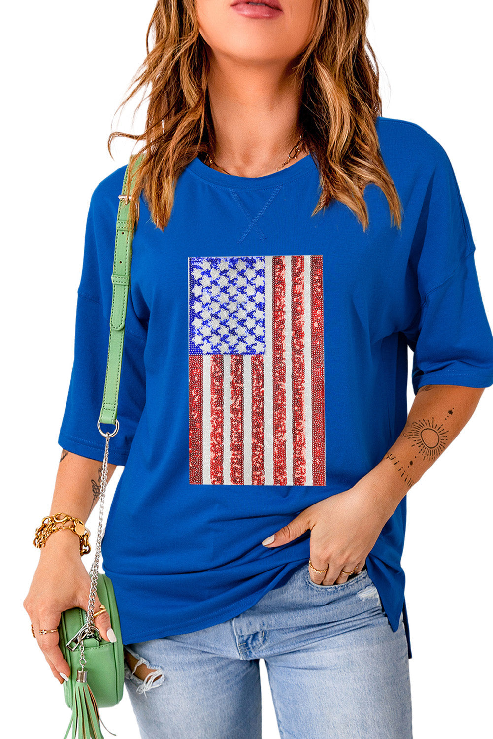 Dark Blue Sequin American Flag Graphic Split Baggy T Shirt