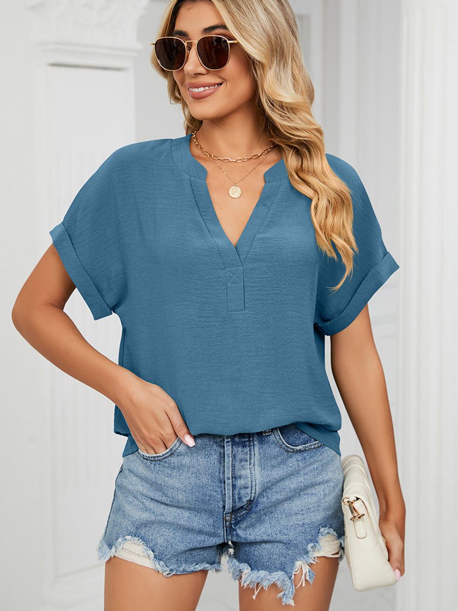 T-Shirts - Solid Color V-Neck Loose Short Sleeve Chiffon T-Shirt - MsDressly