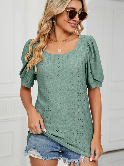 Blouses - Casual Round Neck Solid Color Hollow Loose T-Shirt - MsDressly