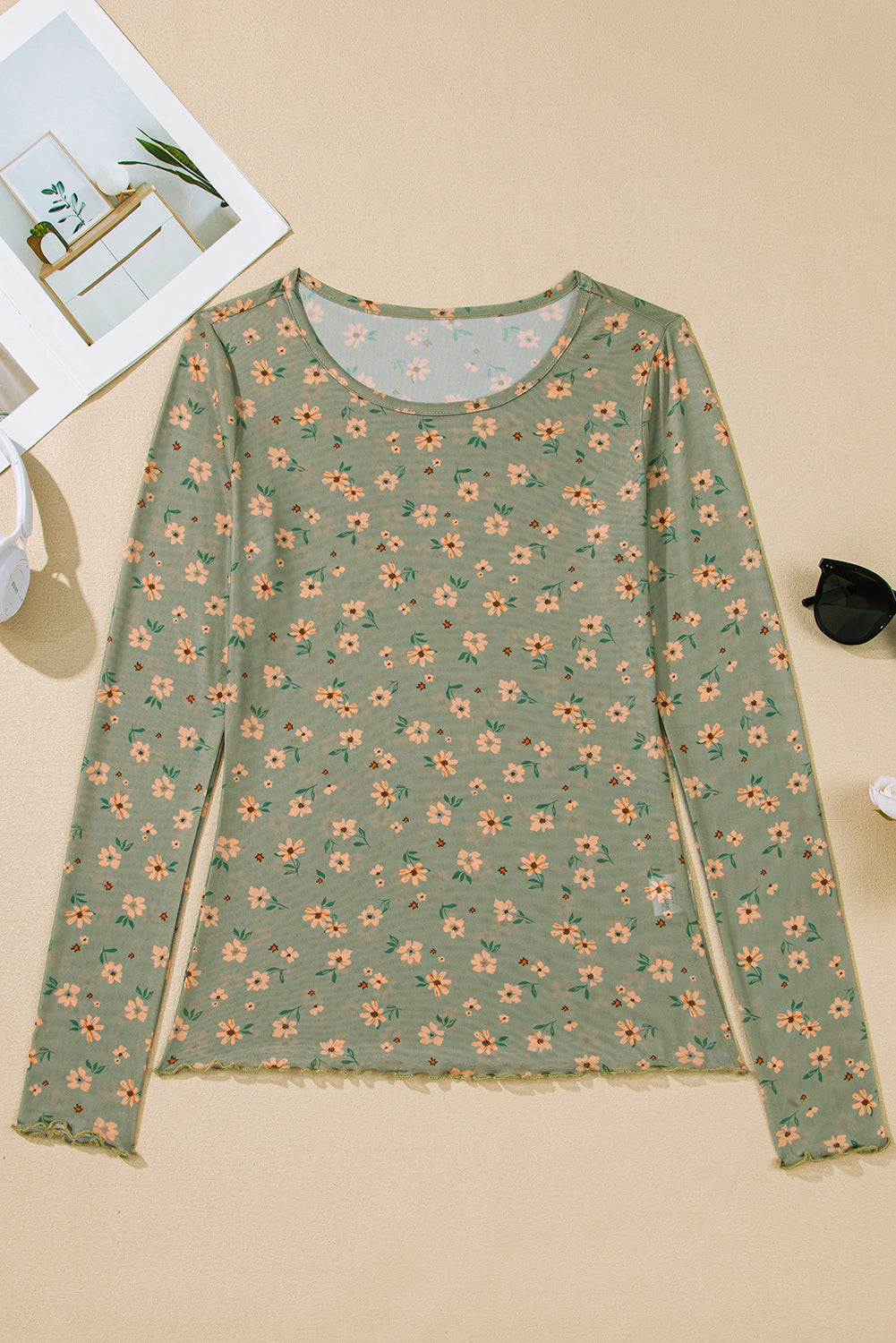 floral mesh long sleeve top