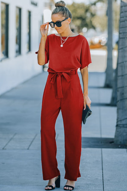 Versatile Belted Casual Jumpsuit with Long Sleeves