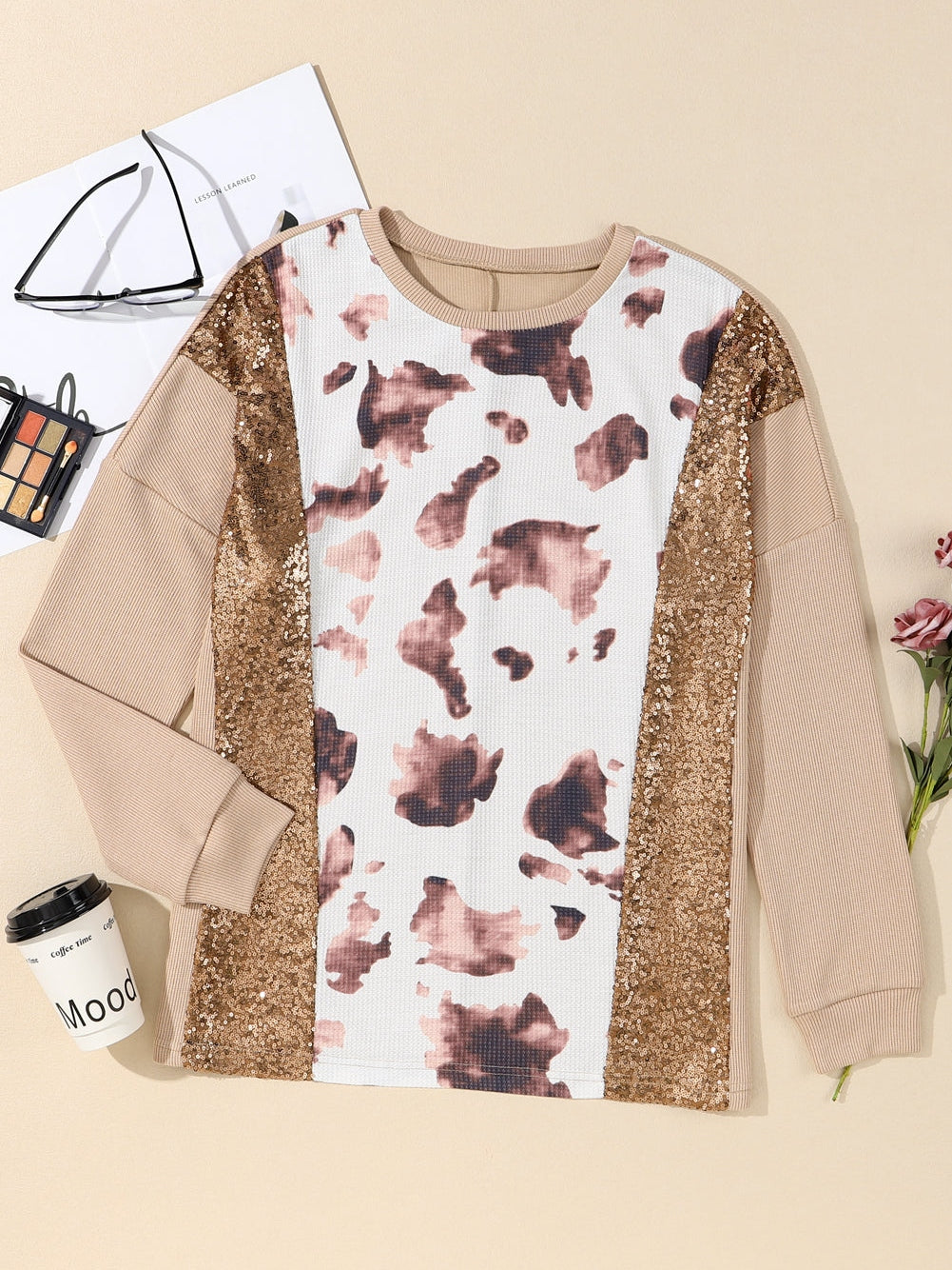 Abstract Sparkle Sequin Embellished Khaki Pullover Shirt