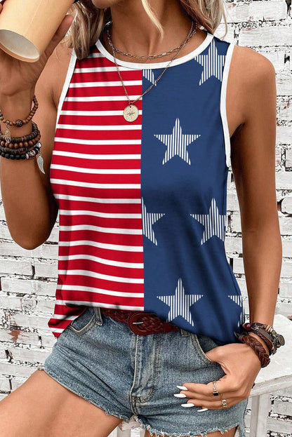 Red USA Flag Printed Round Neck Tank Top