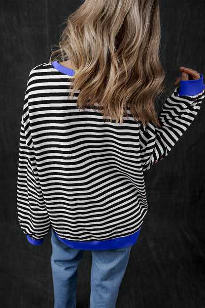 Black Stripe Oversized Contrast Trim Pullover Sweatshirt