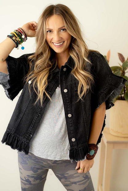 Black Raw Edge Ruffled Short Sleeve Denim Jacket