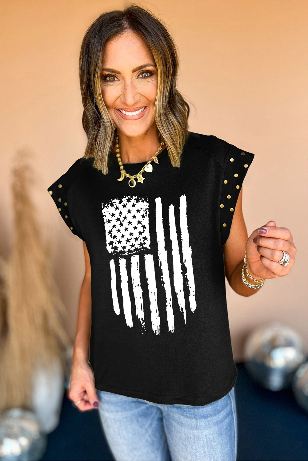 American Flag Embellished Cap Sleeve Tee in Black