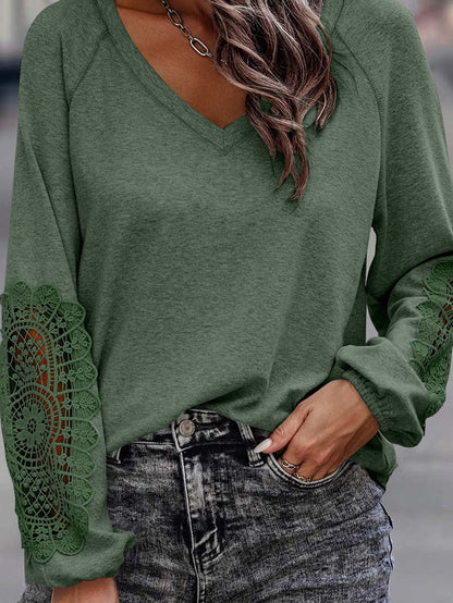 Solid Color Pullover V-Neck Lantern Sleeve T-Shirt