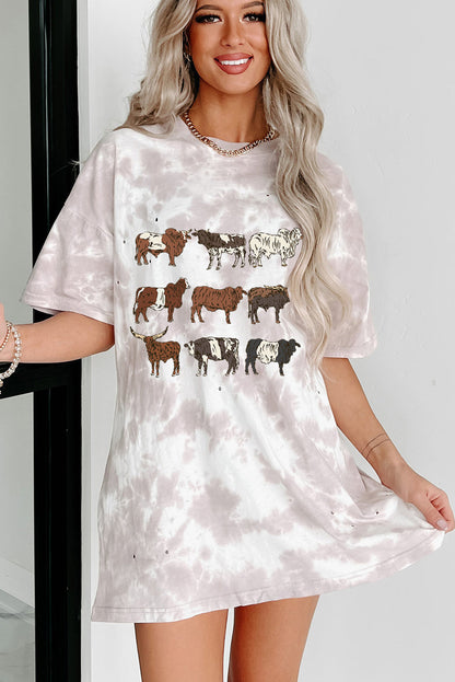 White Western Cattle Tie Dye Print O Neck Oversized Tee