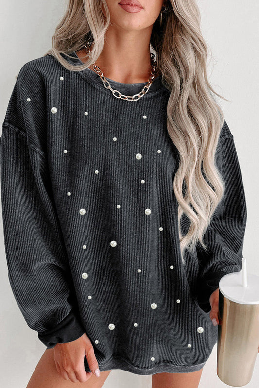 Black Beaded Corded Crew Neck Sweatshirt