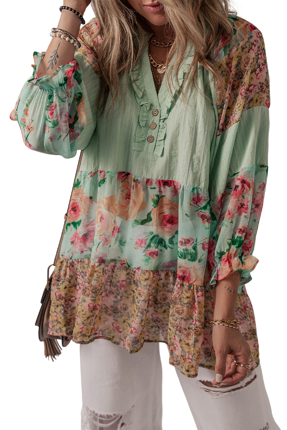 Green Printed Floral Patchwork Frilled Split Neck Blouse