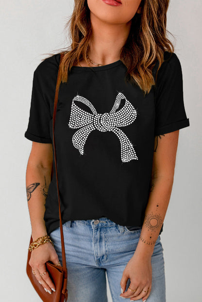 Black Rhinestone Bowknot Graphic Crewneck T Shirt