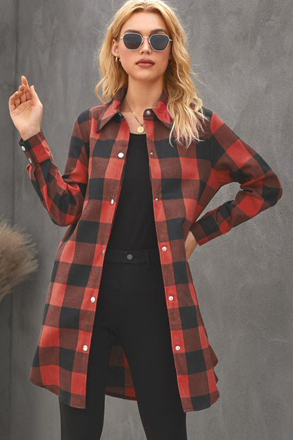 Fiery Red Turn-down Collar Plaid Shirt Coat