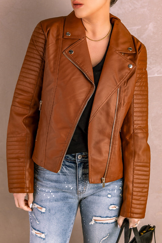 Brown Ribbed Seam Detail Faux Leather Zipped Motorcycle Jacket