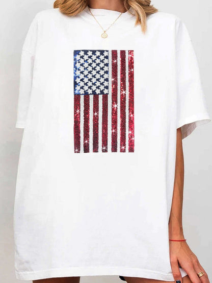 American Pride Sequined White Flag Oversized Crewneck Tee