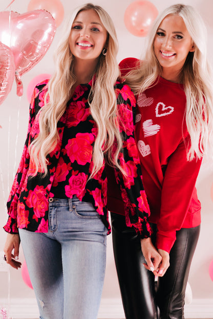 Fiery Red Hearts Print Crewneck Long Sleeve Sweatshirt