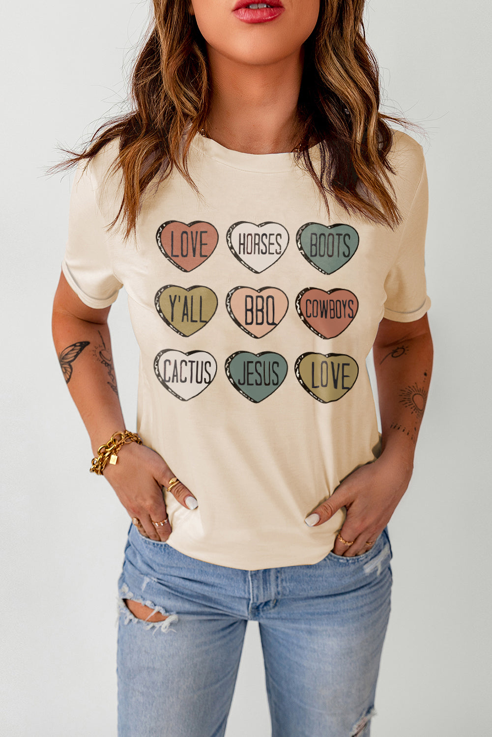 Khaki Heart Shaped Graphic Cowgirl T Shirt