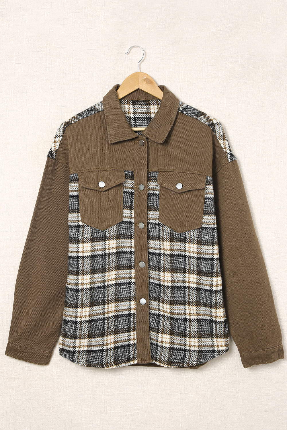 Brown Plaid Patchwork Pockets Denim Jacket