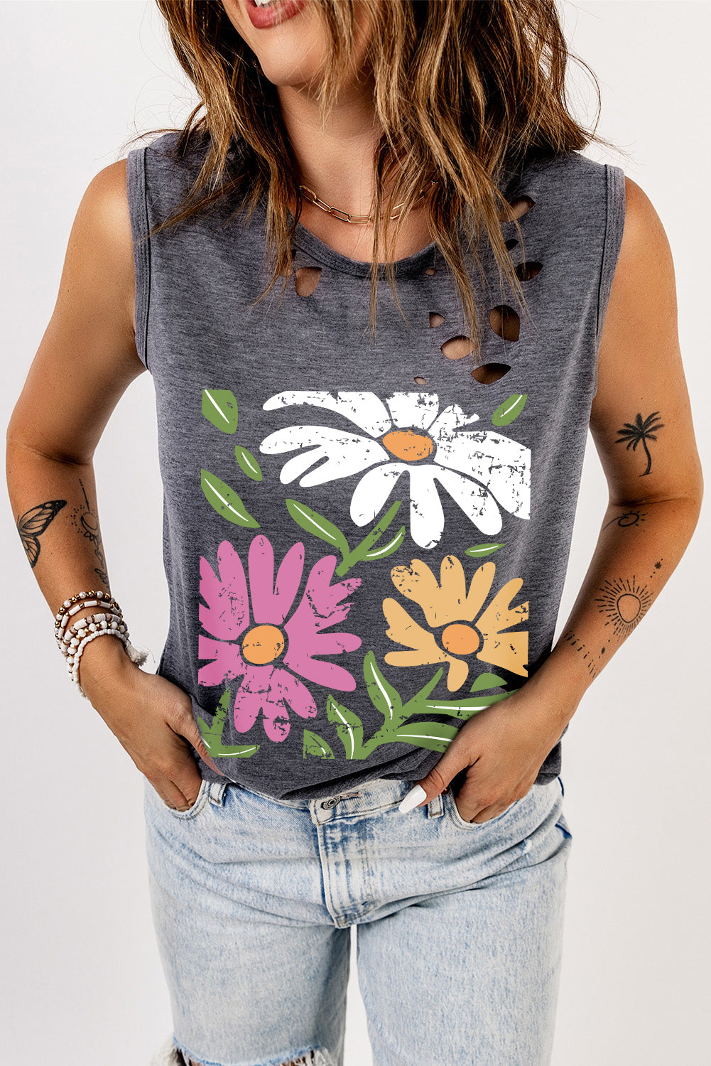 Gray Floral Printed Ripped Crewneck Tank Top