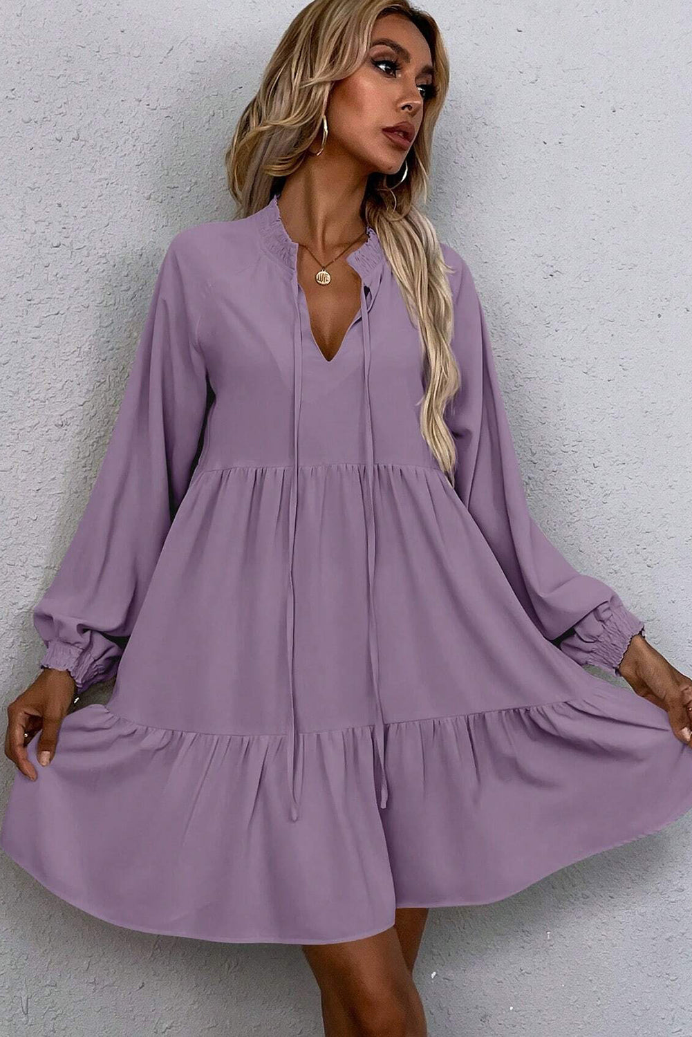 Lavendula Tie Split Neck Smocked Detail Long Puff Sleeve Ruffle Hem Loose Dress