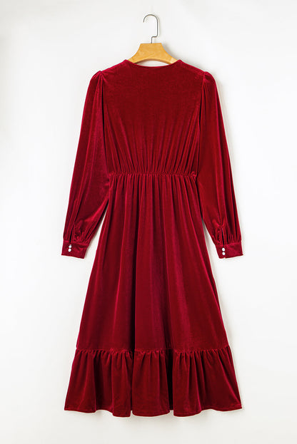 Racing Red Velvet Buttoned Puff Sleeve V Neck Split Midi Dress