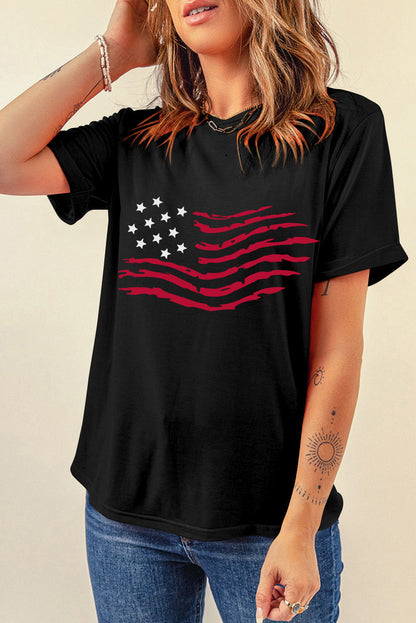 American Flag Print Black Crew Neck T-Shirt