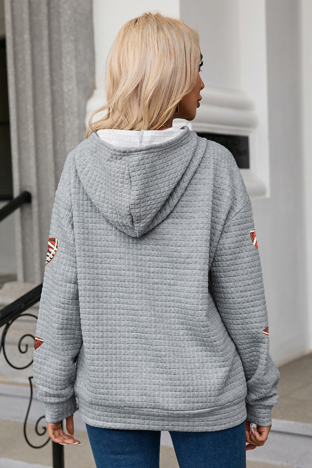 Gray Sequin Rugby Football Waffle Knit Kangaroo Pocket Loose Hoodie