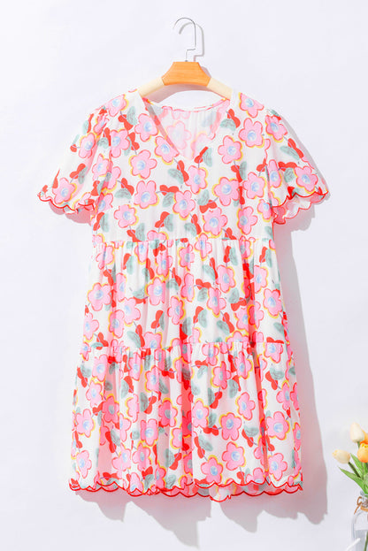 Multicolour Flower Print Scalloped Short Sleeve Ruffled Dress