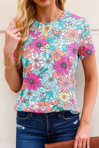 Multicolor Floral Print Asymmetric Hem Short Sleeve Top