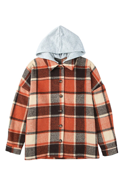 Orange Hooded Plaid Button Front Shacket