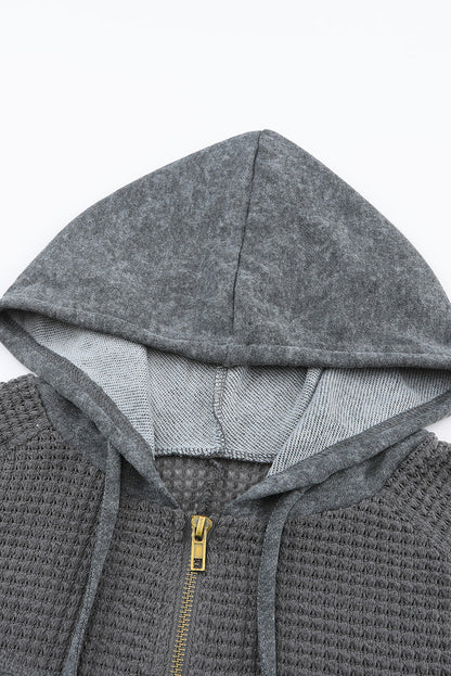 Gray Waffle Patchwork Vintage Washed Hooded Jacket