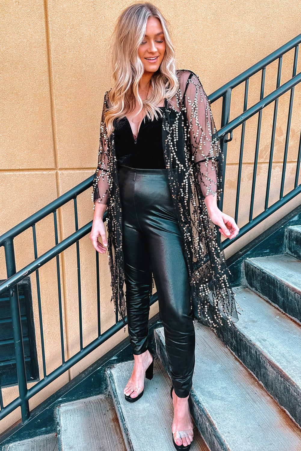 Black Sequin Sheer Long Sleeve Open Front Kimono