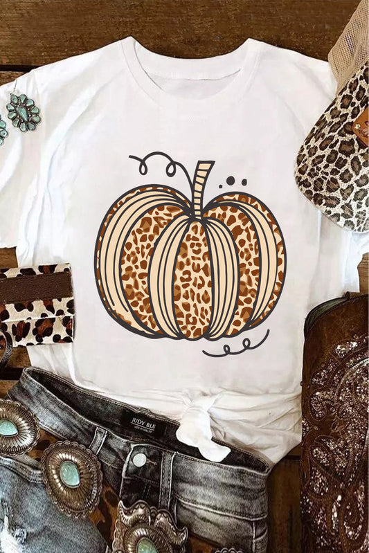 White Leopard Pumpkin Graphic Crewneck Halloween T Shirt