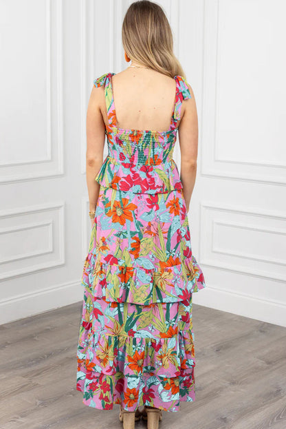 Multicolour Floral Print Shirred Backless Tiered Ruffled Maxi Dress