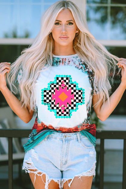 Green Tie Dye Checkerboard Aztec Graphic Crewneck T Shirt