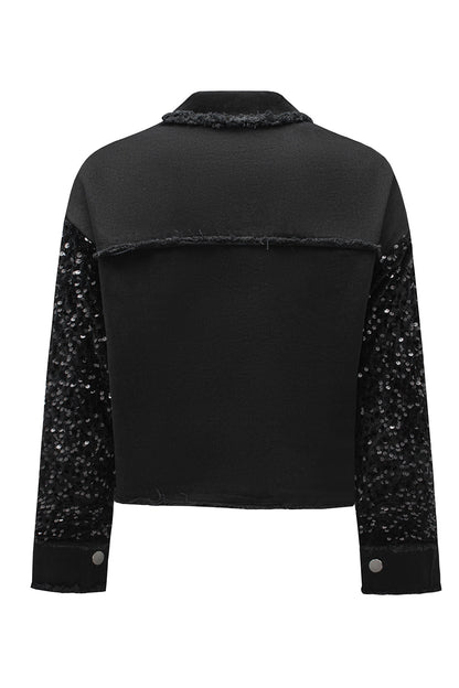 Black Sequin Sleeve Pocketed Raw Hem Denim Jacket